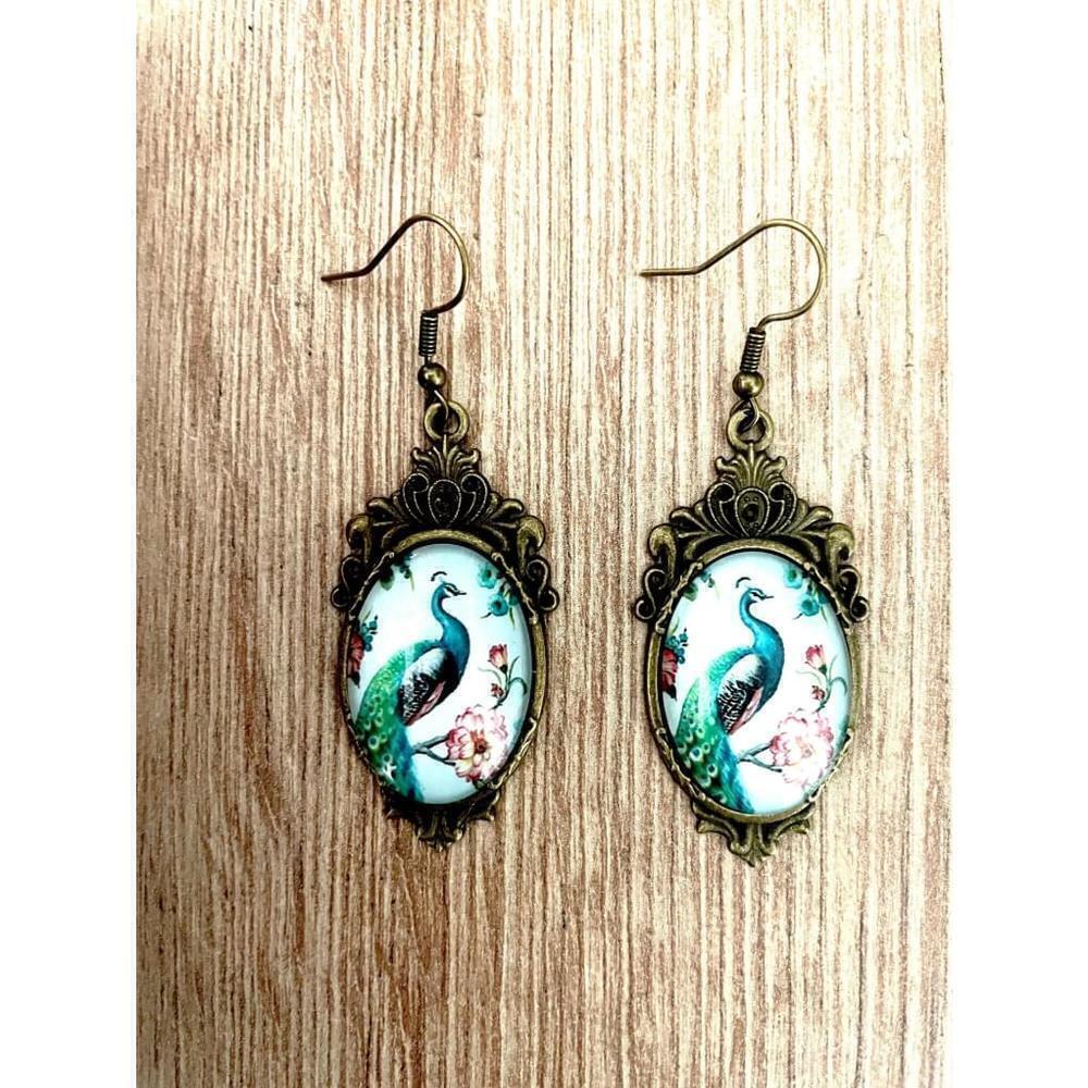 Victorian Style Peacock Print Earrings, NWT